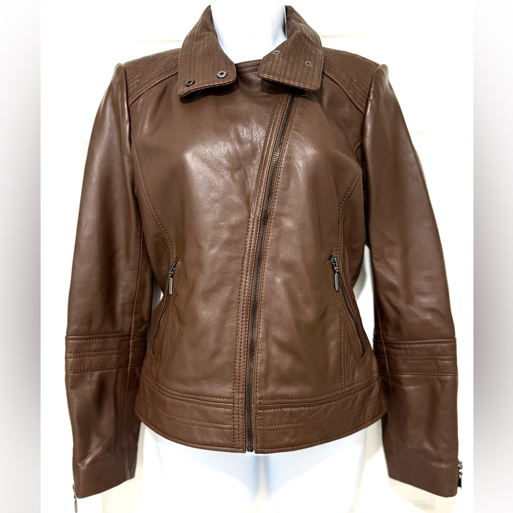 BERNARDO MOTO TOBACCO BROWN GENUINE SOFT LEATHER JACKET SIZE SMALL